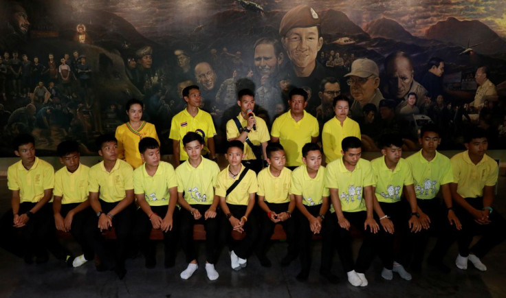 Members of the Wild Boars soccer team attend a news conference during their return to Tham Luang, as they mark the one-year anniversary of being trapped in a cave, in Chiang Rai, Thailand, June 24, 2019. 