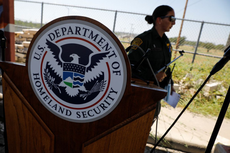 The seal of the U.S. Department of Homeland Security is seen after a news conference near the International Bridge between Mexico and the U.S., as U.S. authorities accelerate removal of migrants at border with Mexico, in Del Rio, Texas, U.S., September 1