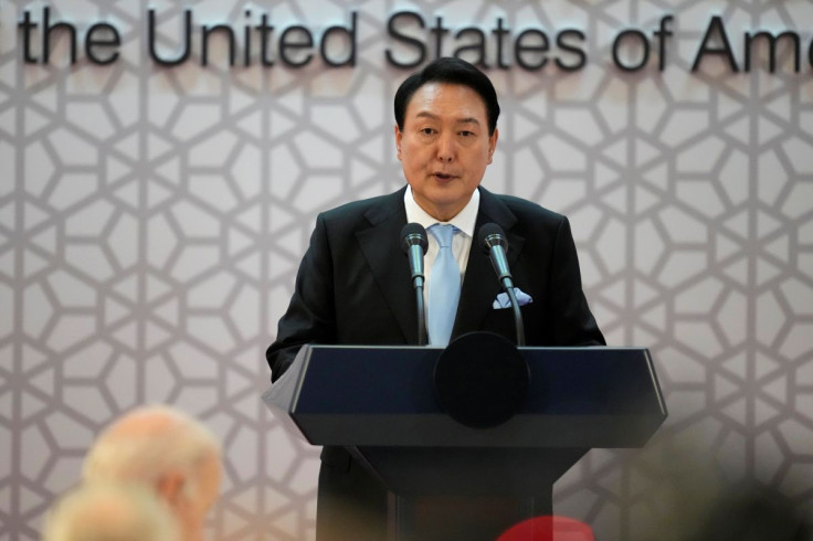 South Korean President Yoon Suk-yeol delivers a speech at a state dinner attended by U.S. President Joe Biden at the National Museum of Korea, in Seoul, South Korea, May 21, 2022. Lee Jin-man/Pool via