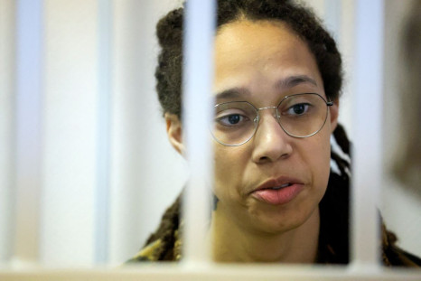 U.S. basketball player Brittney Griner, who was detained at Moscow's Sheremetyevo airport and later charged with illegal possession of cannabis, looks on, on the day of a court hearing in Khimki outside Moscow, Russia, July, 15, 2022.  