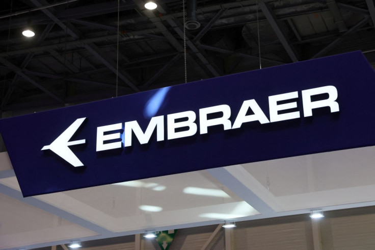 An Embraer logo is pictured during the European Business Aviation Convention & Exhibition (EBACE) in Geneva, Switzerland, May 23, 2022.