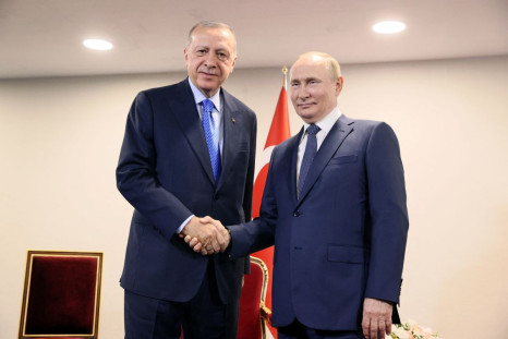 Russian President Vladimir Putin shakes hands with Turkish President Tayyip Erdogan during a meeting in Tehran, Iran July 19, 2022. Sputnik/Sergei Savostyanov/Pool via REUTERS