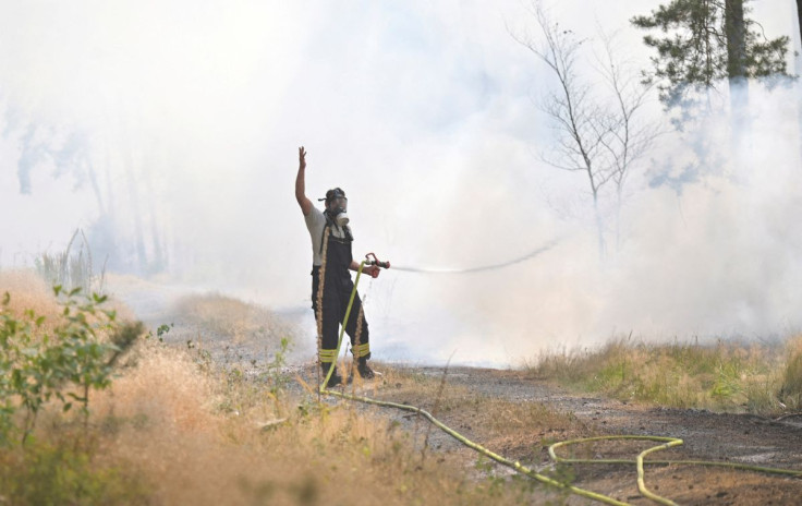 A firefighter works to extinguish a forest fire, during a heatwave, near Thiendorf, north of Dresden, Germany, July 19, 2022. 