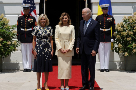 U.S. President Joe Biden and U.S. first lady Jill Biden welcome Ukrainian first lady Olena Zelenska at the White House in Washington, U.S., July 19, 2022. 