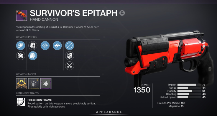 The Survivor's Epitaph hand cannon in Destiny 2