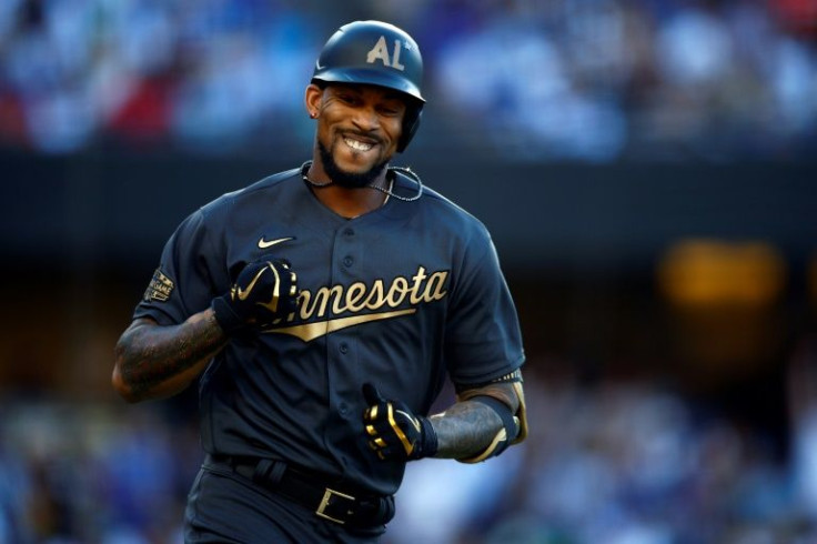 Minnesota's Byron Buxton celebrates after hitting a solo home run for the American League in their victory over the National League in the 92nd MLB All-Star Game