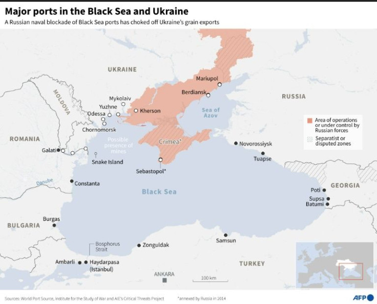 Main ports in the Black Sea region, including Ukrainian ports blocked by Russian forces