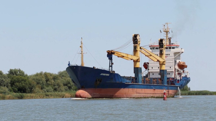 A Cargo ship sails through Bystre rivermouth, which connects the Black Sea and Danube, at a location given as Izmail district of Odesa region, Ukraine in this screen grab obtained from a handout video released on July 15, 2022. Operational Command South p