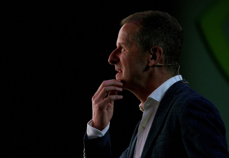 Volkswagen CEO Dr. Herbert Diess watches a video during the Nvidia keynote address at CES in Las Vegas, Nevada, U.S. January 7, 2018. 