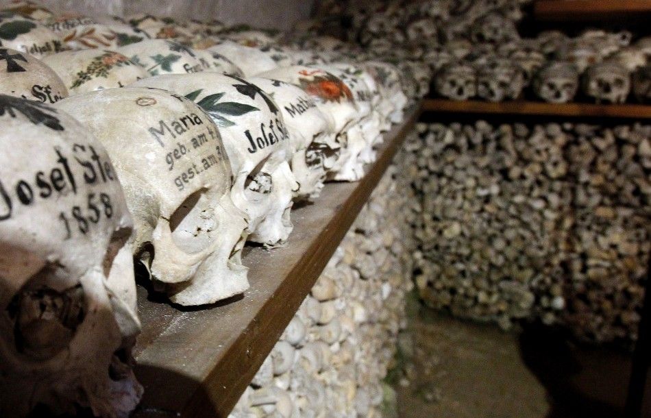 Skulls are pictured at a charnel house in the Austrian world heritage village of Hallstatt