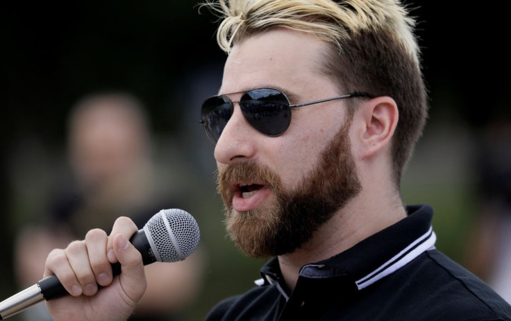 Activist Tim Gionet, who goes by the name "Baked Alaska" on the internet, addresses a rally of self-proclaimed White Nationalists and "alt-right" supporters at what they called a "Freedom of Speech" rally on the steps of the Lincoln Memorial in Washington