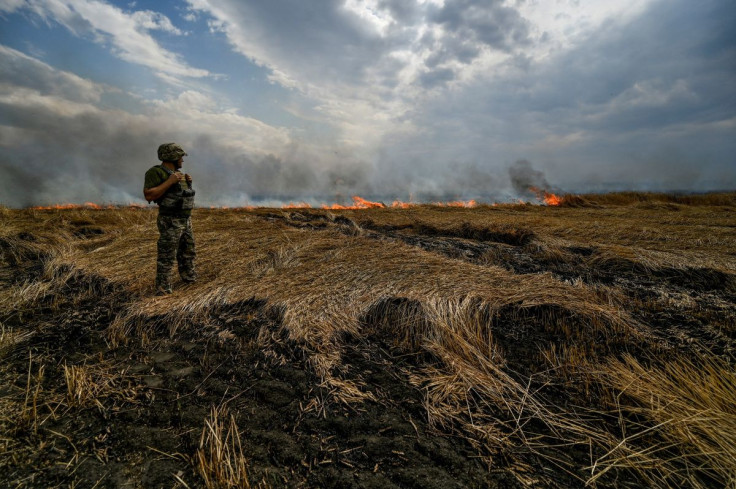 A Ukrainian serviceman stands on a burning wheat field near a frontline on a border between Zaporizhzhia and Donetsk regions, as Russiaâs attack on Ukraine continues, Ukraine July 17, 2022. 