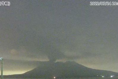 A video grab from the Japan Meteorological Agency's live camera image shows an eruption of Sakurajima in Kumamoto, Kumamoto prefecture, western Japan, July 24, 2022. Japan Meteorological Agency/Handout via Reuters ATTENTION EDITORS - THIS PICTURE WAS PROV