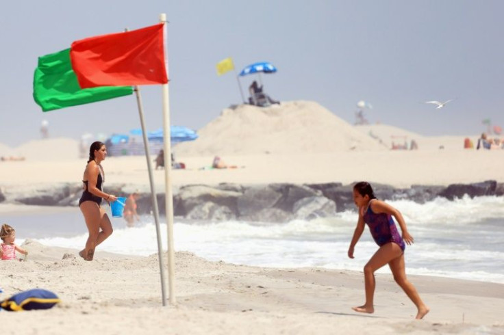 Flags direct swimmers to the safest areas on Long Beach in Long Beach, New York; beaches have been closed or restricted after a number of sharks were sighted along Long Island this summer