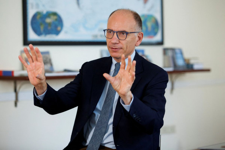 Enrico Letta, the head of the centre-left Democratic Party (PD), gestures during an interview with Reuters about the forthcoming national election that was called after the surprise collapse of Mario Draghi's unity government, in Rome, Italy, July 25, 202