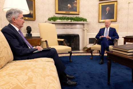 U.S. President Joe Biden meets with Federal Reserve Chair Jerome Powell and U.S. Treasury Secretary Janet Yellen to talk about the economy in the Oval Office at the White House in Washington, D.C., U.S., May 31, 2022. 