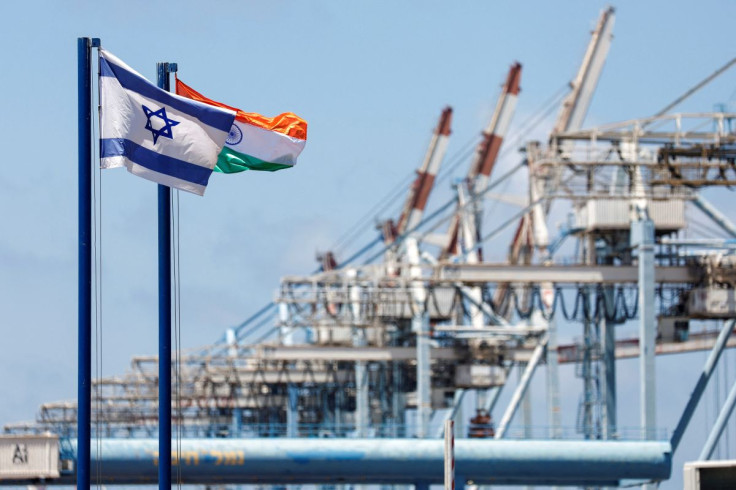 Israeli and Indian national flags fly at Haifa Port, which is to be sold to India's Adani Ports and local partner Gadot, in Haifa, Israel July 24, 2022. 