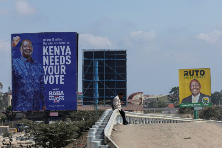 Banners of Kenya's opposition leader and presidential candidate Raila Odinga of the Azimio la Umoja (Declaration of Unity) coalition(R), and Kenya's Deputy President William Ruto and presidential candidate for the United Democratic Alliance (UDA) and Keny