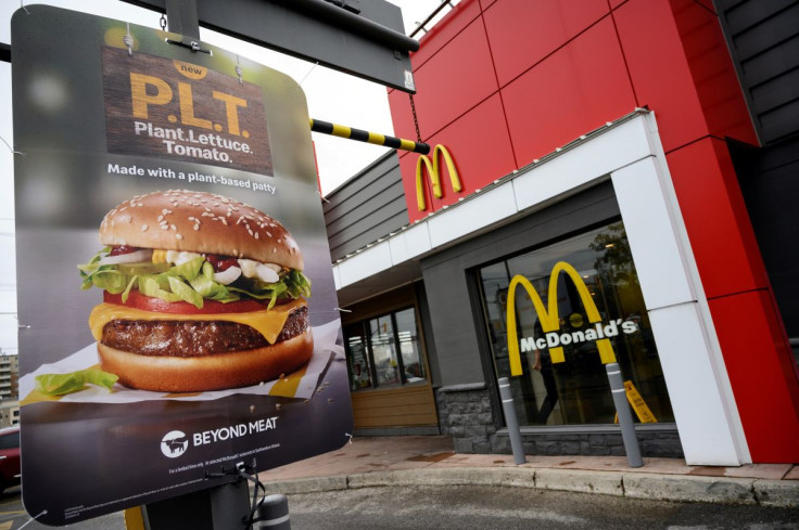 A sign promoting McDonald's "PLT" burger with a Beyond Meat plant-based patty at one of 28 test restaurant locations in Ontario, Canada October 2, 2019. 