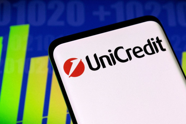 Unicredit logo and stock graph are seen displayed in this illustration taken, May 3, 2022.