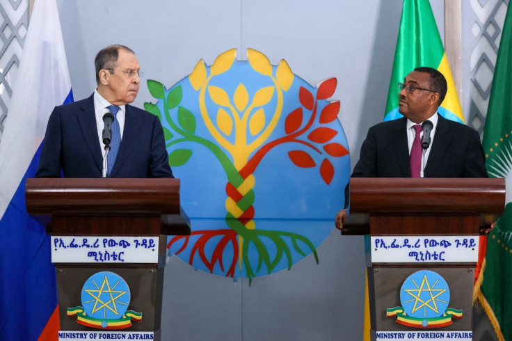 Russian Foreign Minister Sergei Lavrov and Ethiopian Deputy Prime Minister and Foreign Minister Demeke Mekonnen attend a news conference following their talks in Addis Ababa, Ethiopia, July 27, 2022. Russian Foreign Ministry/Handout via REUTERS