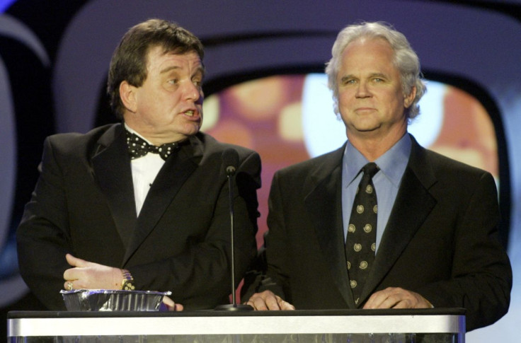 Actors Jerry Mathers (L) and Tony Dow, stars of the hit comedy series "Leave It To Beaver" act as presenters during a taping of the second annual TV Land Awards in Hollywood March 7, 2004.