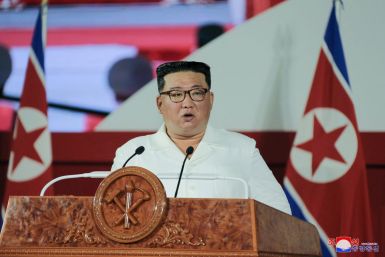 North Korea's leader Kim Jong Un speaks during a ceremony to mark the 69th anniversary of the Korean War armistice, in Pyongyang, North Korea, in this photo released July 27, 2022 by North Korea's Korean Central News Agency (KCNA).  KCNA via REUTERS  