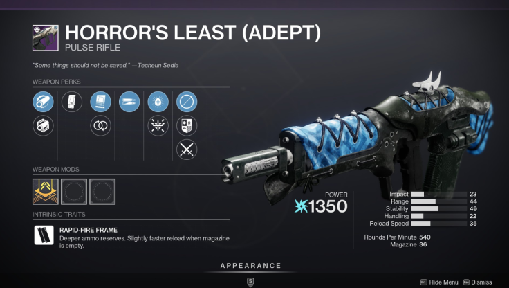 The curated roll for the Adept Horror's Least in Destiny 2