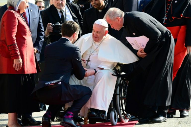 Canadian Prime Minister Justin Trudeau greets Pope Francis as he arrives at the Citadel of Quebec in Quebec City, Canada, on July 27, 2022