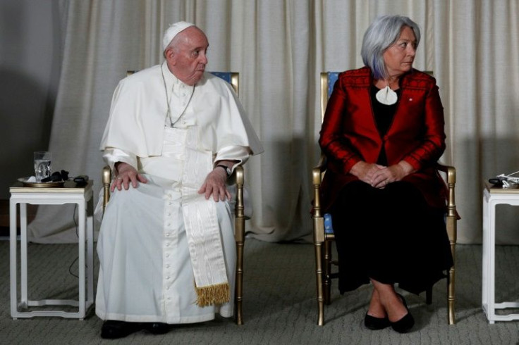 Pope Francis and Mary Simon, Canada's governor general, sit ahead of a meeting at the Citadel of Quebec in Quebec City, Canada, on July 27, 2022
