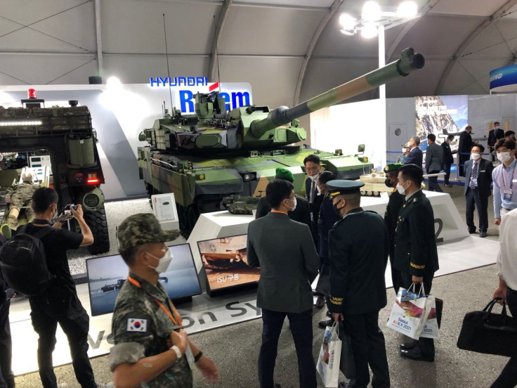A K2 Black Panther tank manufactured by South Korea's Hyundai Rotem is displayed at the Seoul International Aerospace & Defense Exhibition, Seoul, South Korea, October 20, 2021. 