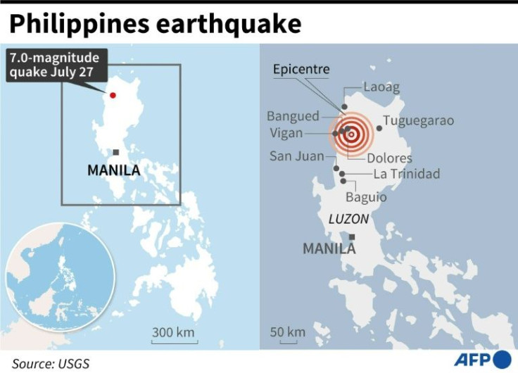 Map locating a 7.0-magnitude quake that struck the northern Philippines on Wednesday, showing the affected areas