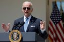 U.S. President Joe Biden delivers remarks to staff in the Rose Garden as he returns from COVID-19 isolation to work in the Oval Office at the White House in Washington, U.S. July 27, 2022. 
