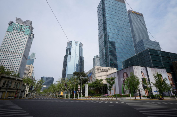 An empty road in Shanghai's central business district during a lockdown amid the coronavirus disease (COVID-19) pandemic, in Shanghai, China April 16, 2022. 
