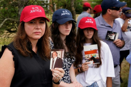 A few dozenÂ relatives of victims and survivors of the 9/11 attacks, which killed 3,000 people, gathered near Donald Trump's golf course in Bedminster, New Jersey, ahead of the LIV Golf tournament