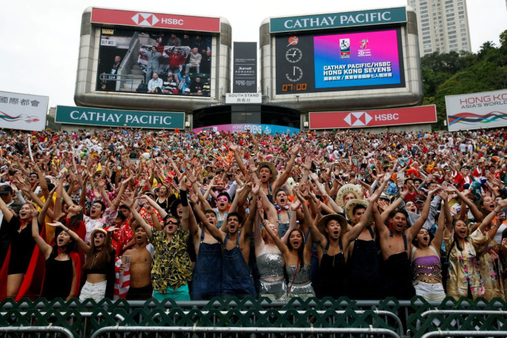 Rugby Union - Hong Kong Sevens - Hong Kong Stadium, Hong Kong, China - April 7, 2018 Rugby fans sing at south stand.