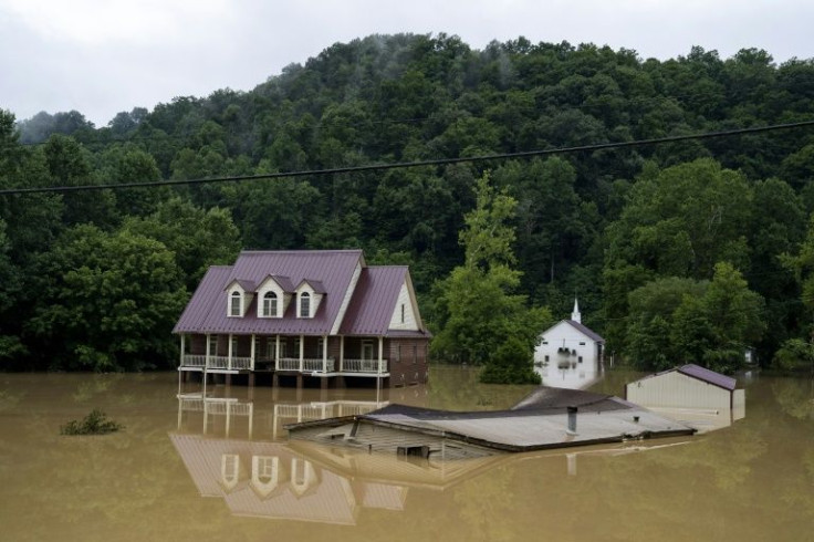 A house that was almost completely submerged by flooding in Breathitt County, Kentucky is pictured on July 29, 2022