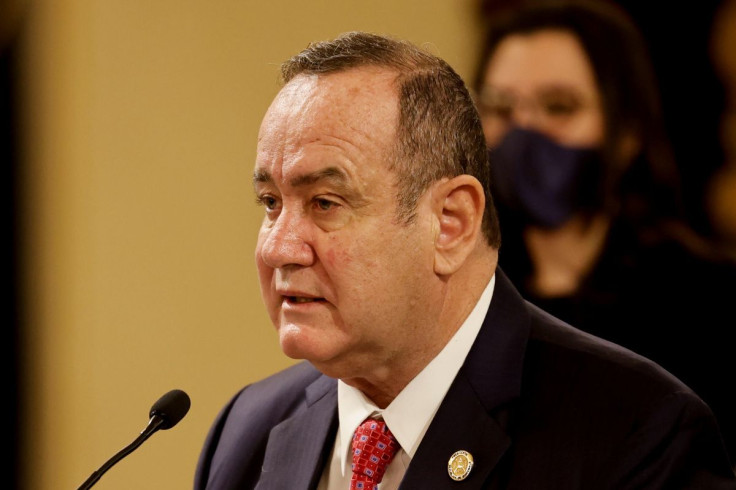 Guatemala's President Alejandro Giammattei speaks during a bilateral meeting with U.S. Vice President Kamala Harris (not pictured) at the Palacio Nacional de la Cultura, during Harris' first international trip as Vice President to Guatemala and Mexico, in
