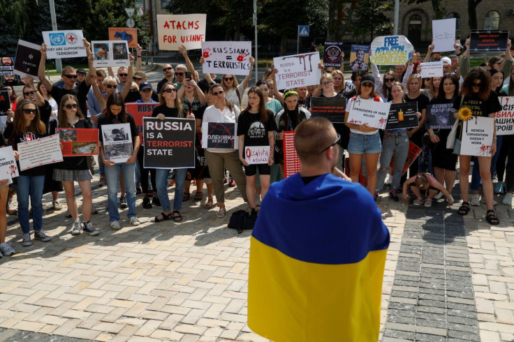 Relatives of defenders of the Azovstal Iron and Steel Works in Mariupol hold a rally demanding to recognise Russia as a state sponsor of terrorism after killing Ukrainian prisoners of war (POWs) in a prison in Olenivka, outside of Donetsk, as Russia's att