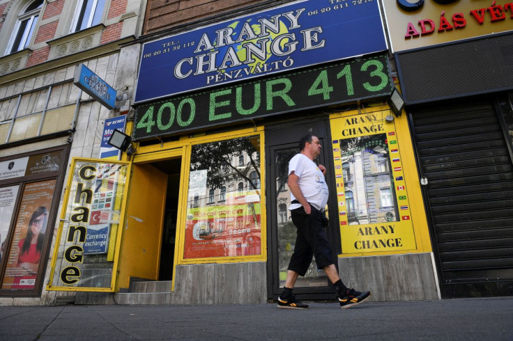 A board at a currency exchange office displays the euro to Hungarian forint exchange rate, in Budapest, Hungary July 18, 2022. 