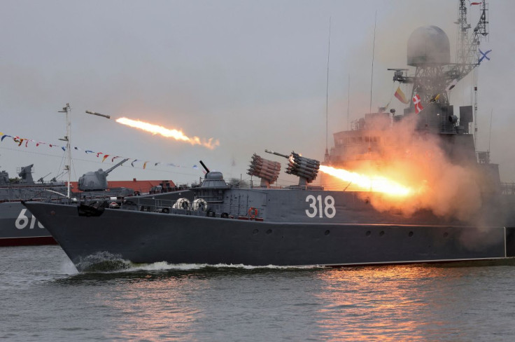 The Russian corvette Aleksin fires missiles during a parade marking Navy Day in Baltiysk in the Kaliningrad region, Russia July 31, 2022. 