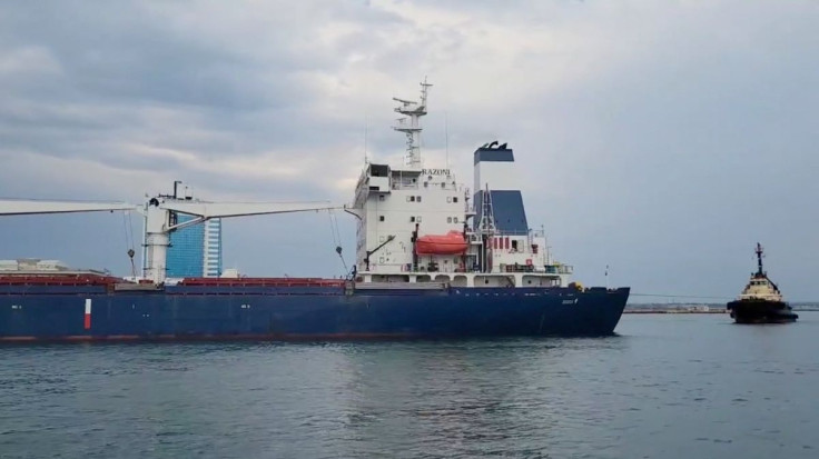 The Sierra Leone-flagged cargo ship, Razoni carrying Ukrainian grain leaves the port, in Odesa, Ukraine, August 1, 2022, in this screen grab taken from a handout video. Alexander Kubrakov/ Ukraine Ministry of Infrastructure/Handout via REUTERS  