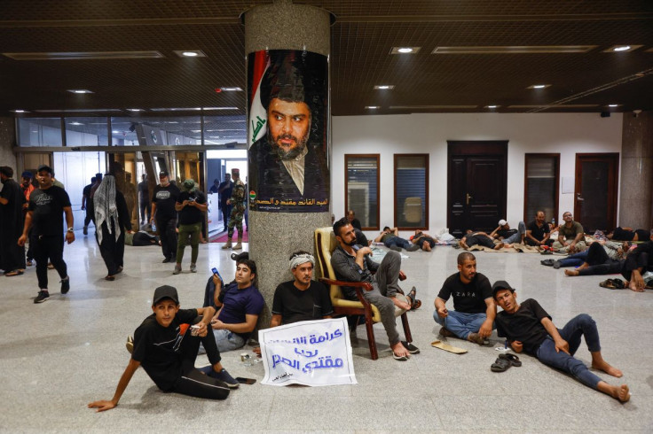 Supporters of Iraqi populist leader Moqtada al-Sadr gather for a sit-in at the parliament building, amid political crisis in Baghdad, Iraq August 1, 2022.