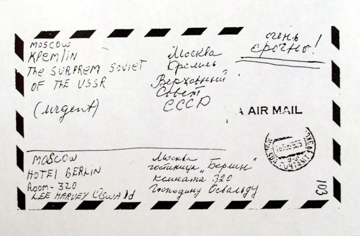 Copies of Russian files gathered by the KGB on Lee Harvey Oswald and the assassination of U.S. President John F. Kennedy were released by the U.S. government Aug. 5. 1999, in Washington, D.C. at the National Archives. Pictured here is a copy of an envelop