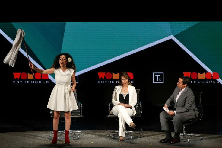 Masih Alinejad, Iranian journalist and women's rights activist, speaks on stage at the Women In The World Summit in New York, U.S, April 12, 2019.