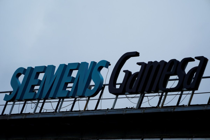 The Siemens Gamesa sign is displayed at the renewable energy company's headquarters in Zamudio, Spain, April 28, 2022.