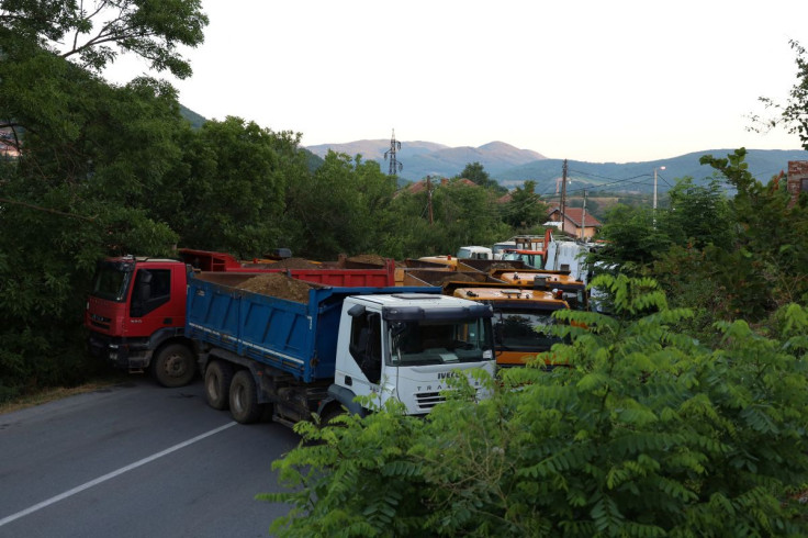 A general view shows trucks blocking a road in Rudare, Kosovo, August 1, 2022.
