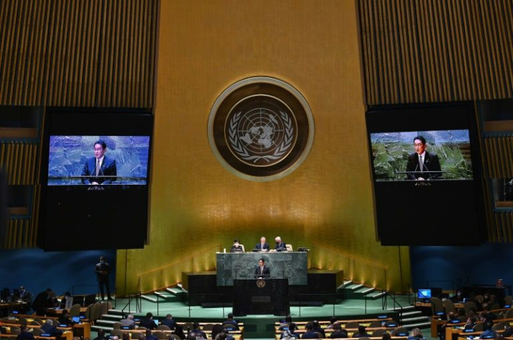 Japan's Prime Minister Fumio Kishida speaks during the 2022 Review Conference of the Parties to the Treaty on the Non-Proliferation of Nuclear Weapons at the United Nations in New York City on August 1, 2022
