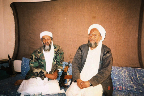 Osama bin Laden sits with his adviser Ayman al-Zawahiri, an Egyptian linked to the al Qaeda network, during an interview with Pakistani journalist Hamid Mir (not pictured) in an image supplied by Dawn newspaper November 10, 2001.  Hamid Mir/Editor/Ausaf N