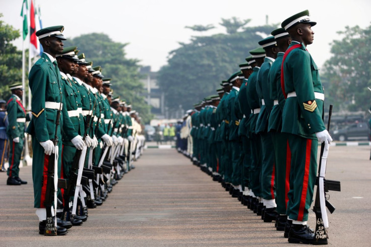 Soldiers stand in a parade at the military arcade during a ceremony marking the army Remembrance Day in Lagos, Nigeria January 15, 2017.